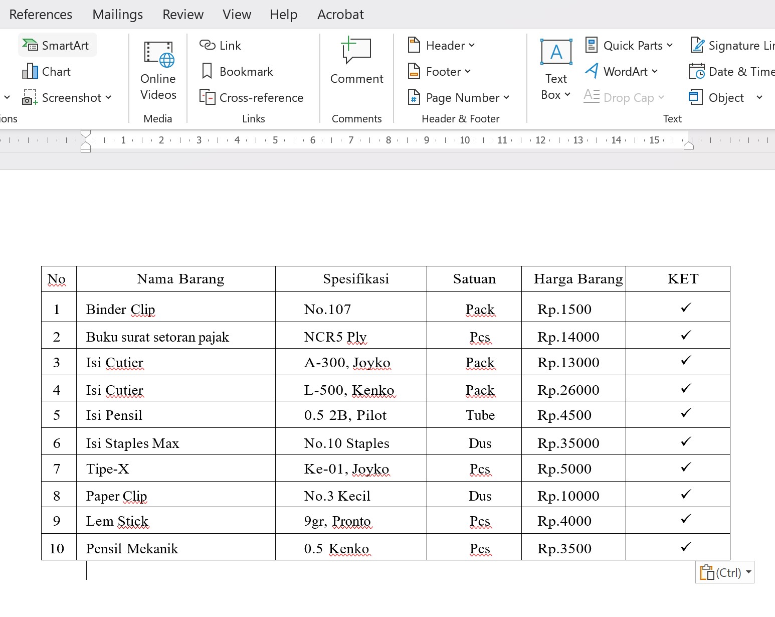 Simbol tanda centang di ms word