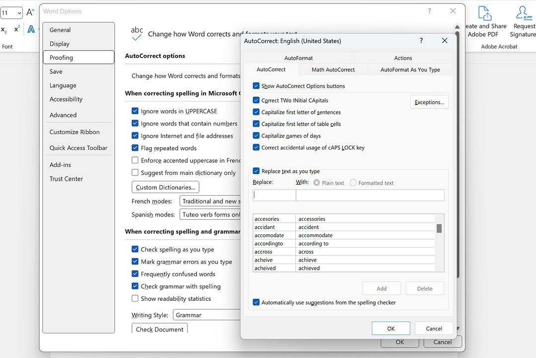 AutoCorrectOptions MS Word