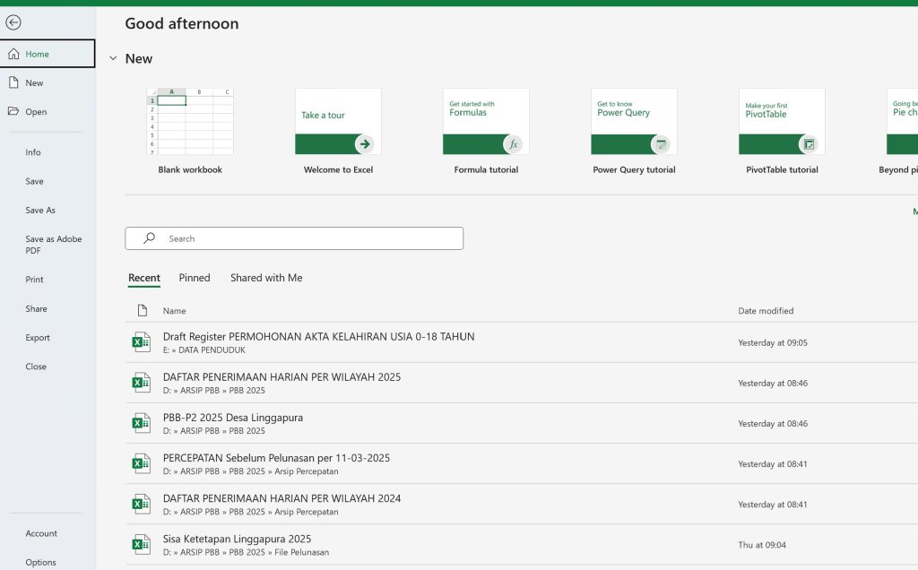 Filemenu Exce Fungsi Menu-menu pada Tab File di Ms Excel